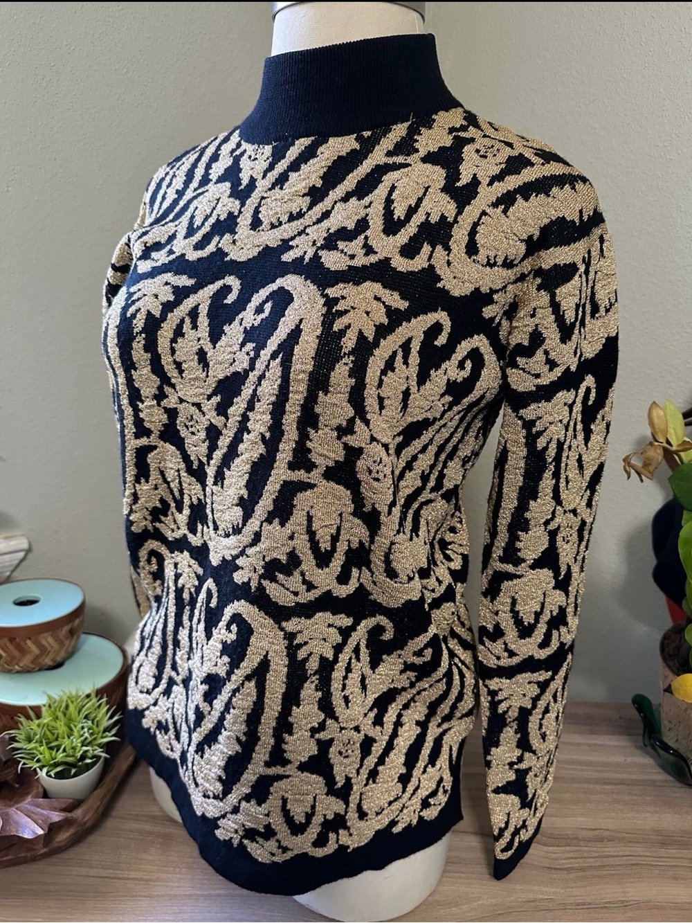 VTG 80s CACHE Gold Metallic Paisley Damask Mock Neck Sweater Medium Wool Blend